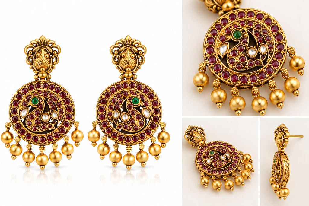 Antique Gold Kundan Peacock Chandbali Earrings & Long Chain Necklace Set