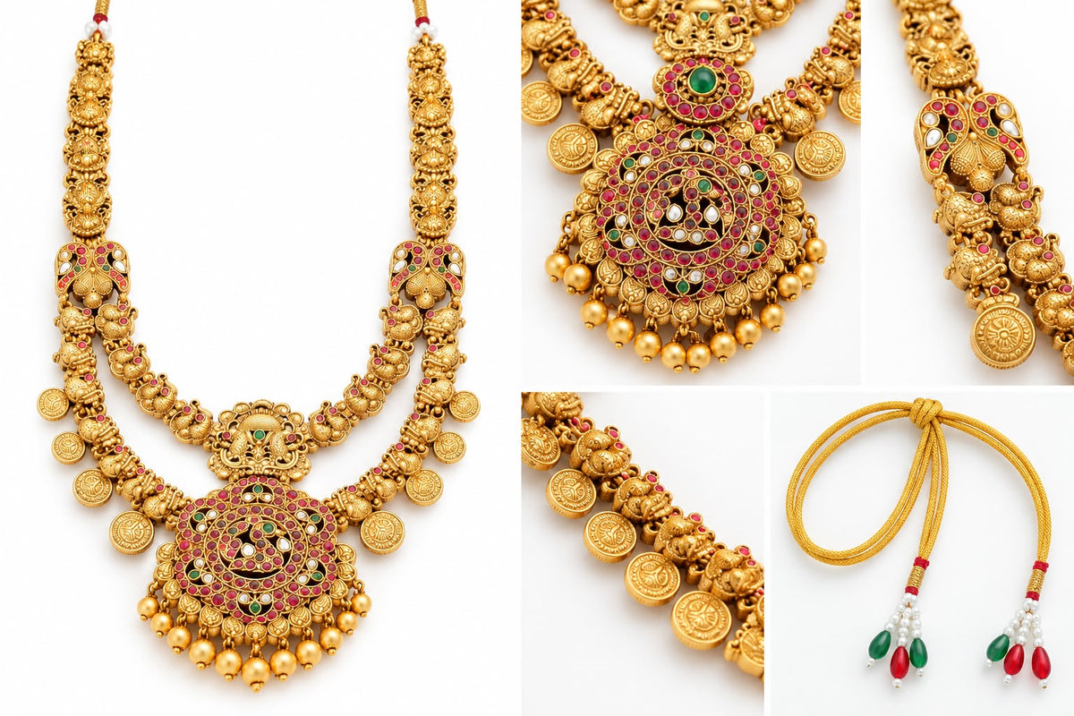 Antique Gold Kundan Peacock Chandbali Earrings & Long Chain Necklace Set