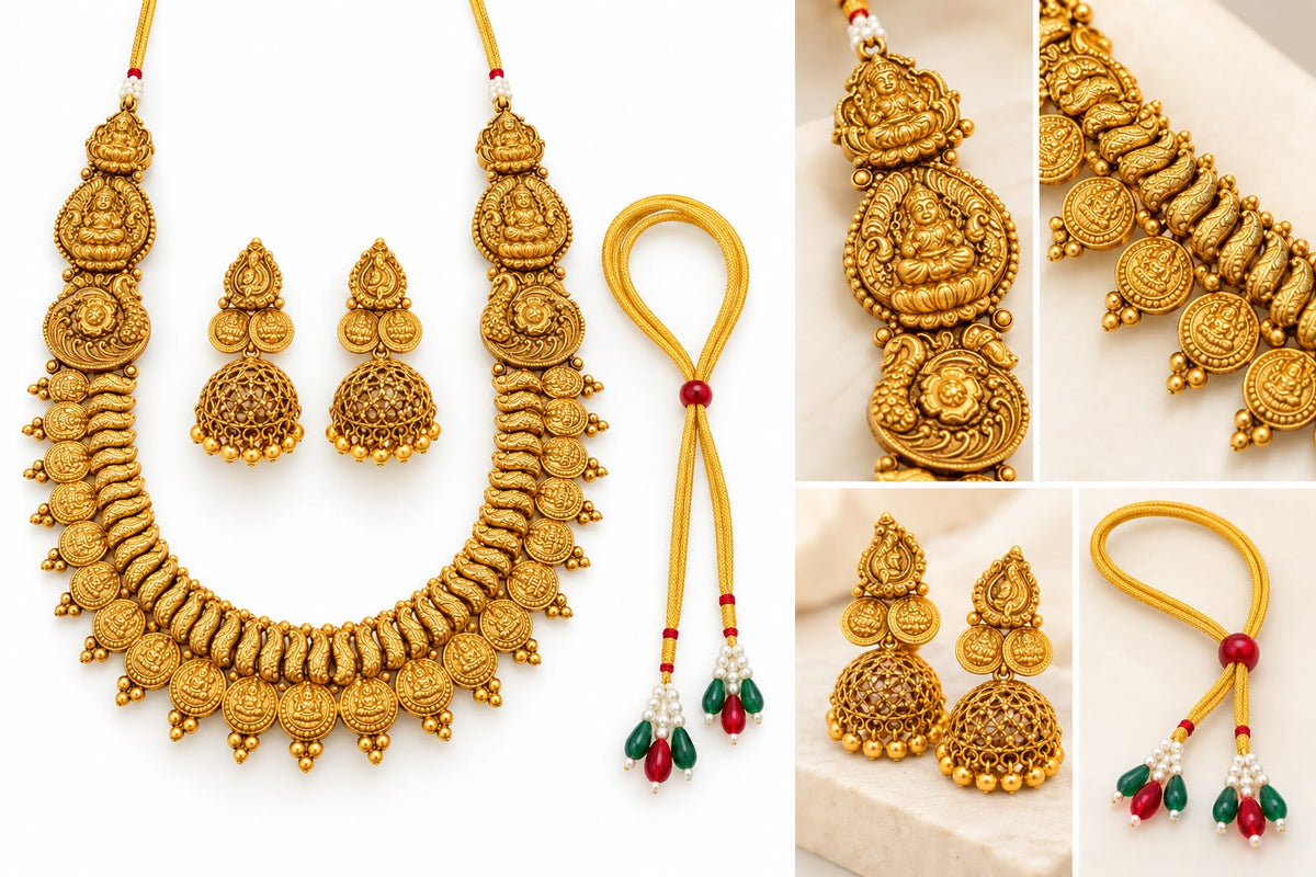 Antique Gold Lakshmi Temple Necklace Set with Jhumka Earrings