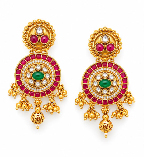Antique Gold 3-Layer Rajwadi Rani Haar & Kundan Chandbali Earrings Set
