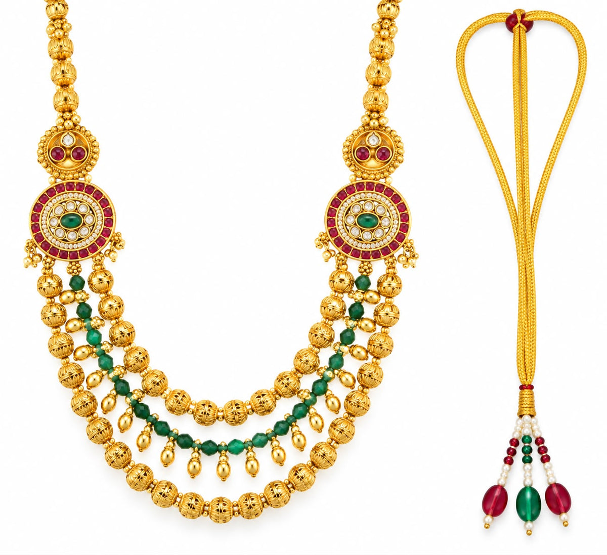 Antique Gold 3-Layer Rajwadi Rani Haar & Kundan Chandbali Earrings Set