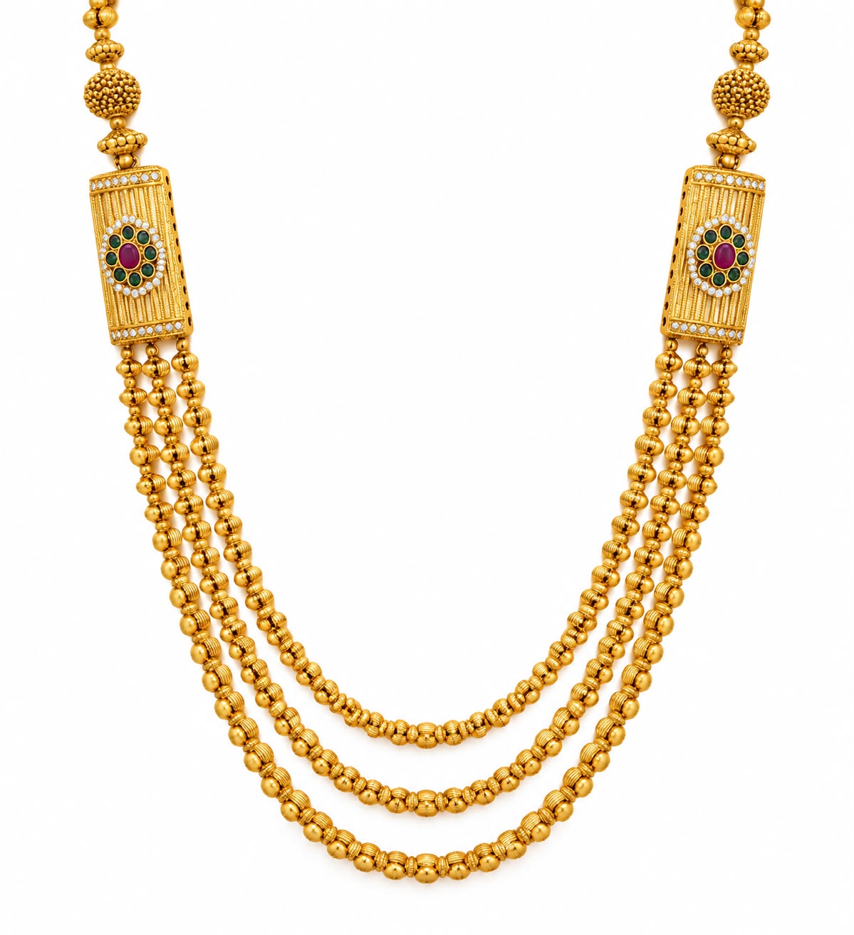 Large gold jhumka earrings with ruby, emerald and pearl stud top