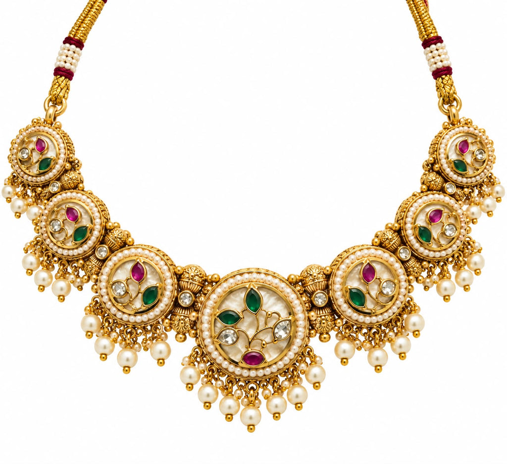 Antique gold jhumka earrings with ruby stone stud, Kundan work and pearl drops