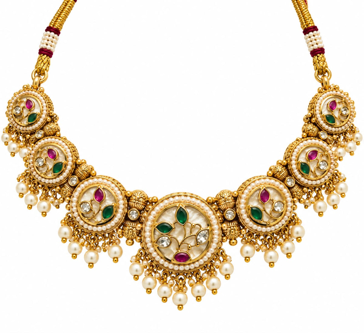 Antique gold jhumka earrings with ruby stone stud, Kundan work and pearl drops