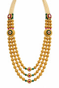 Antique gold 3-layer ball necklace with ruby emerald and pearl accents
