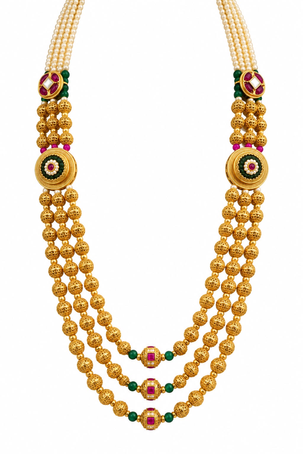 Antique gold 3-layer ball necklace with ruby emerald and pearl accents