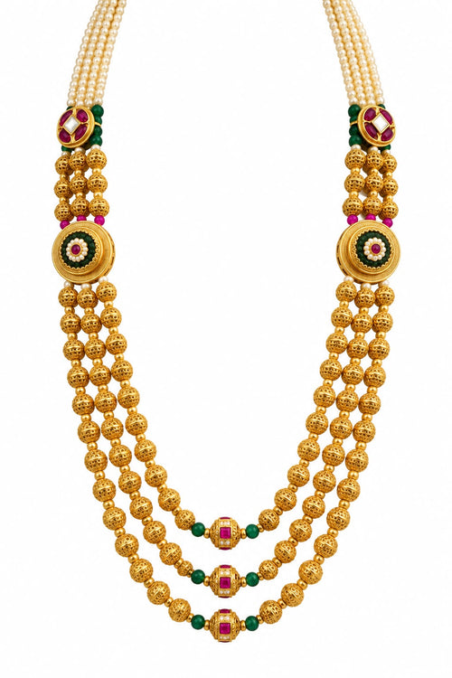 Antique gold 3-layer ball necklace with ruby emerald and pearl accents