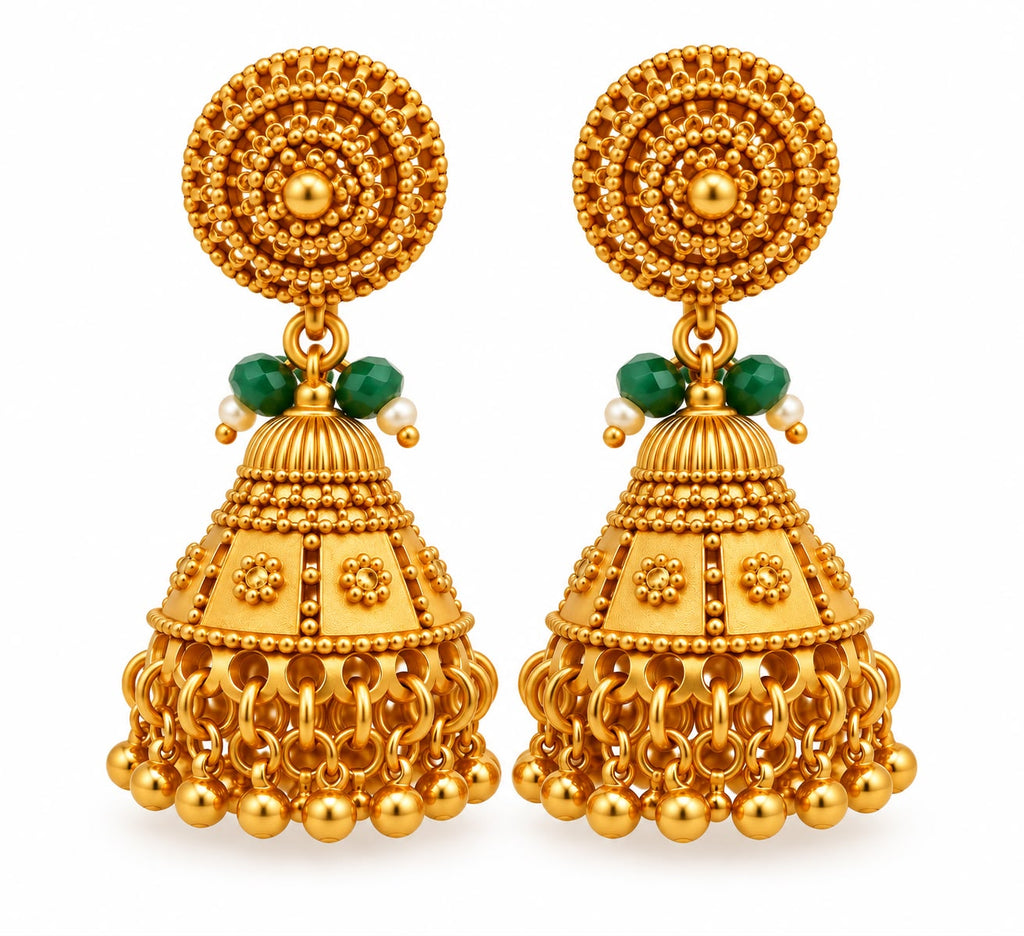 Antique gold large jhumka earrings with emerald beads and filigree stud top