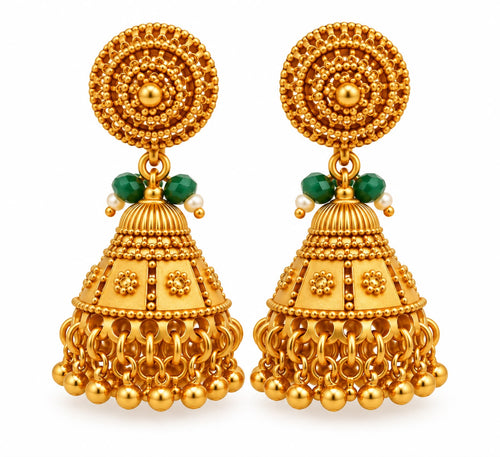 Antique gold large jhumka earrings with emerald beads and filigree stud top