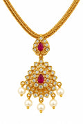Antique gold AD ruby pearl chandelier earrings with pearl drops