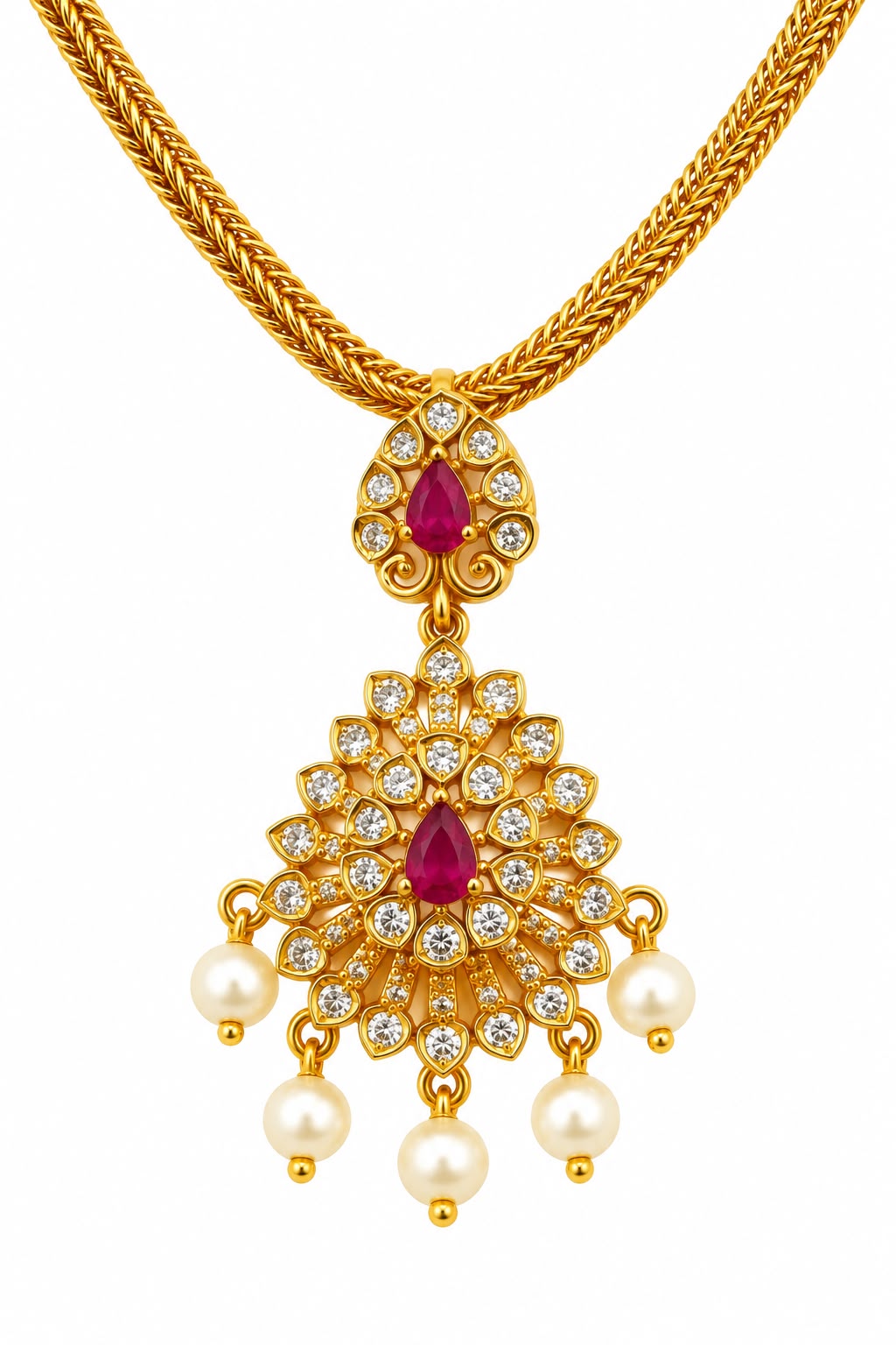 Antique gold AD ruby pearl chandelier earrings with pearl drops