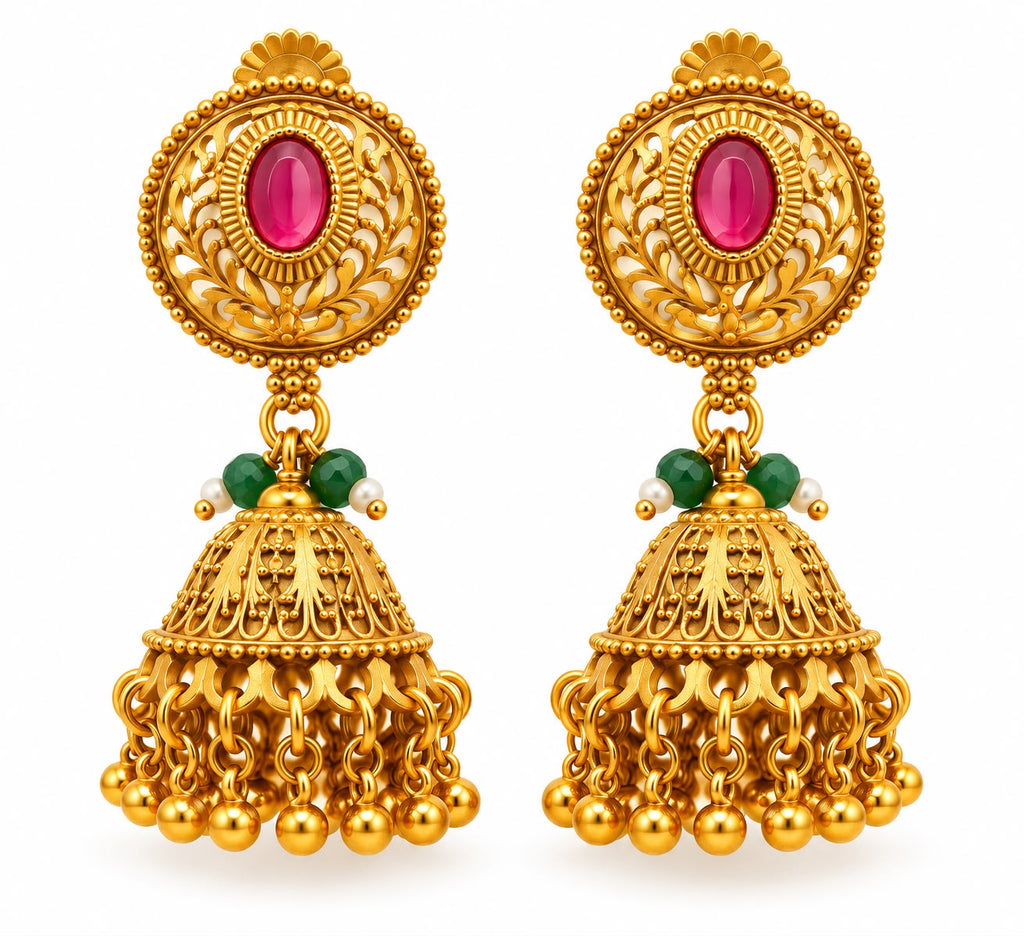 Antique gold 2-layer kundan ruby square motif necklace with emerald beads and pearl string