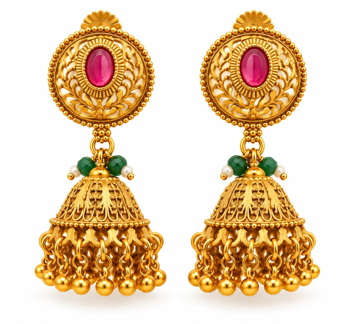 Antique gold 2-layer kundan ruby square motif necklace with emerald beads and pearl string