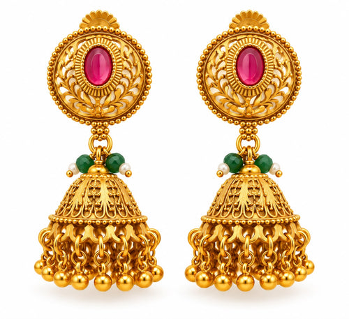 Antique gold 2-layer kundan ruby square motif necklace with emerald beads and pearl string