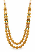 Antique gold filigree jhumka earrings with oval ruby stud and emerald bead accents