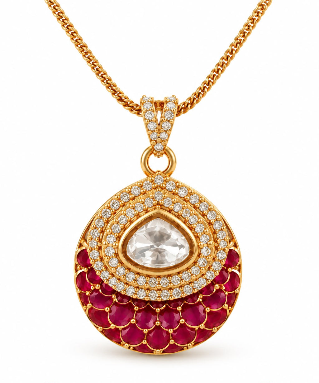Antique gold Kundan polki ruby AD round pendant necklace with gold curb chain