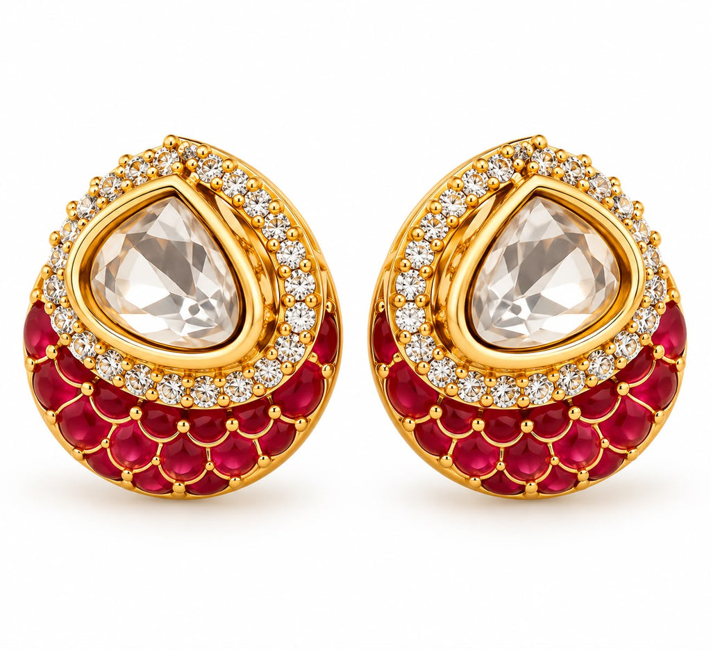 Antique gold Kundan polki ruby AD dome stud earrings