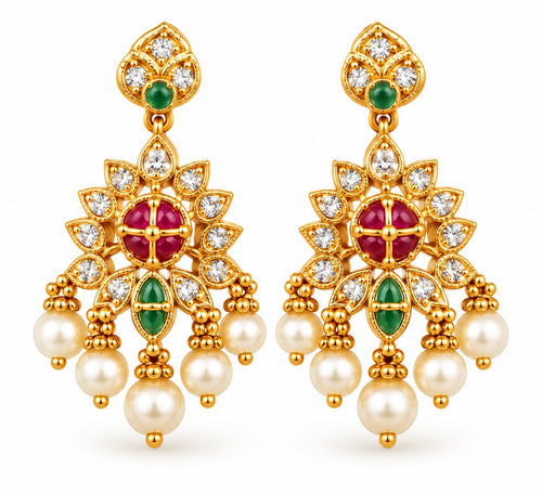 Antique gold AD ruby emerald chandelier earrings with pearl drops