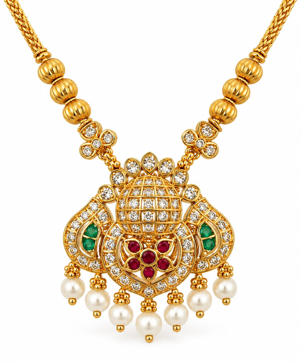 Antique gold AD ruby emerald pearl pendant necklace on foxtail chain