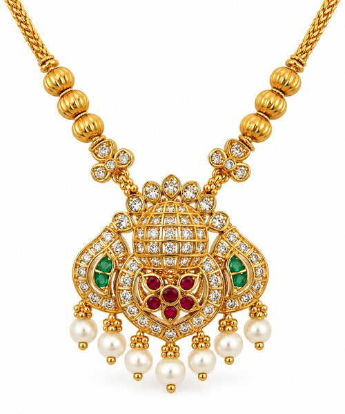 Antique gold AD ruby emerald pearl pendant necklace on foxtail chain