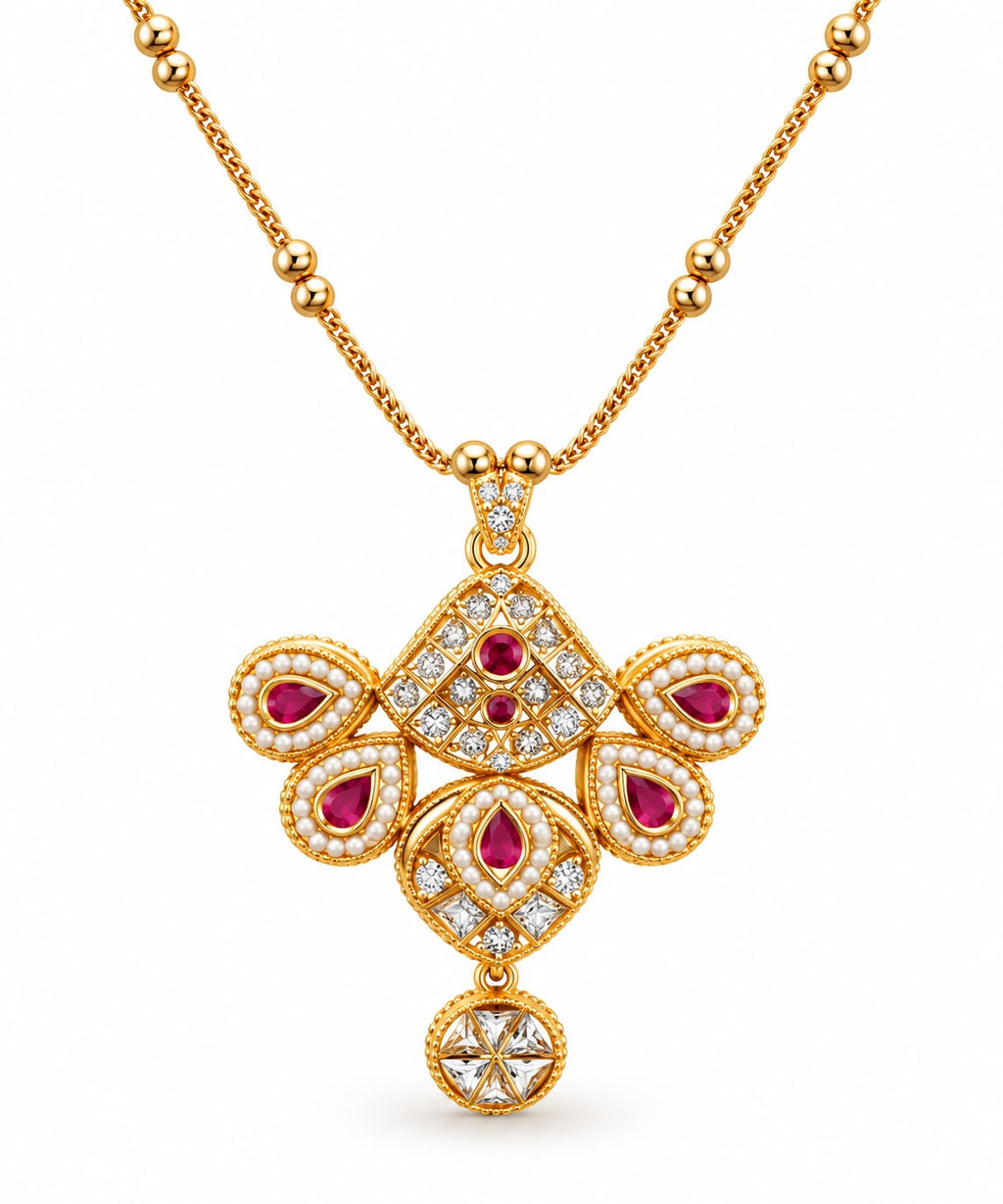 Antique gold white meenakari ruby emerald multi-motif pendant necklace on foxtail chain