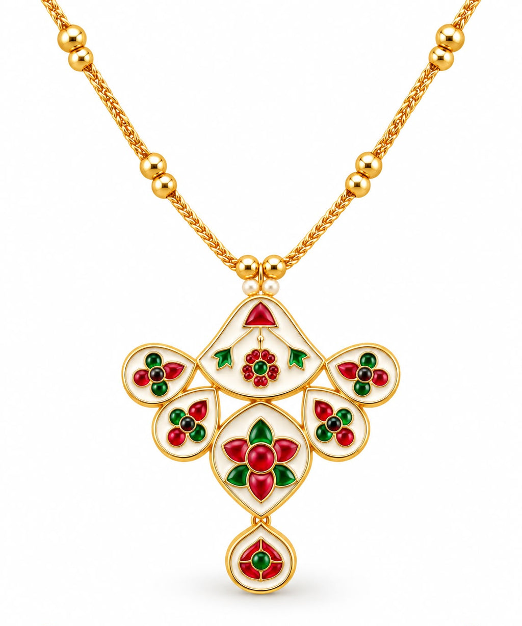 Antique gold Kundan polki drop earrings with ruby and green enamel detail