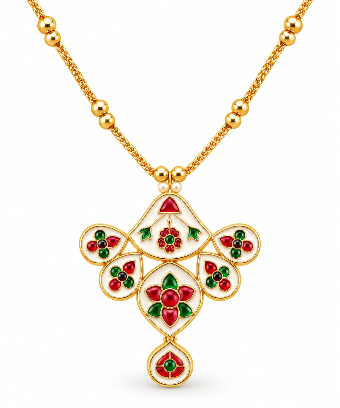Antique gold Kundan polki drop earrings with ruby and green enamel detail