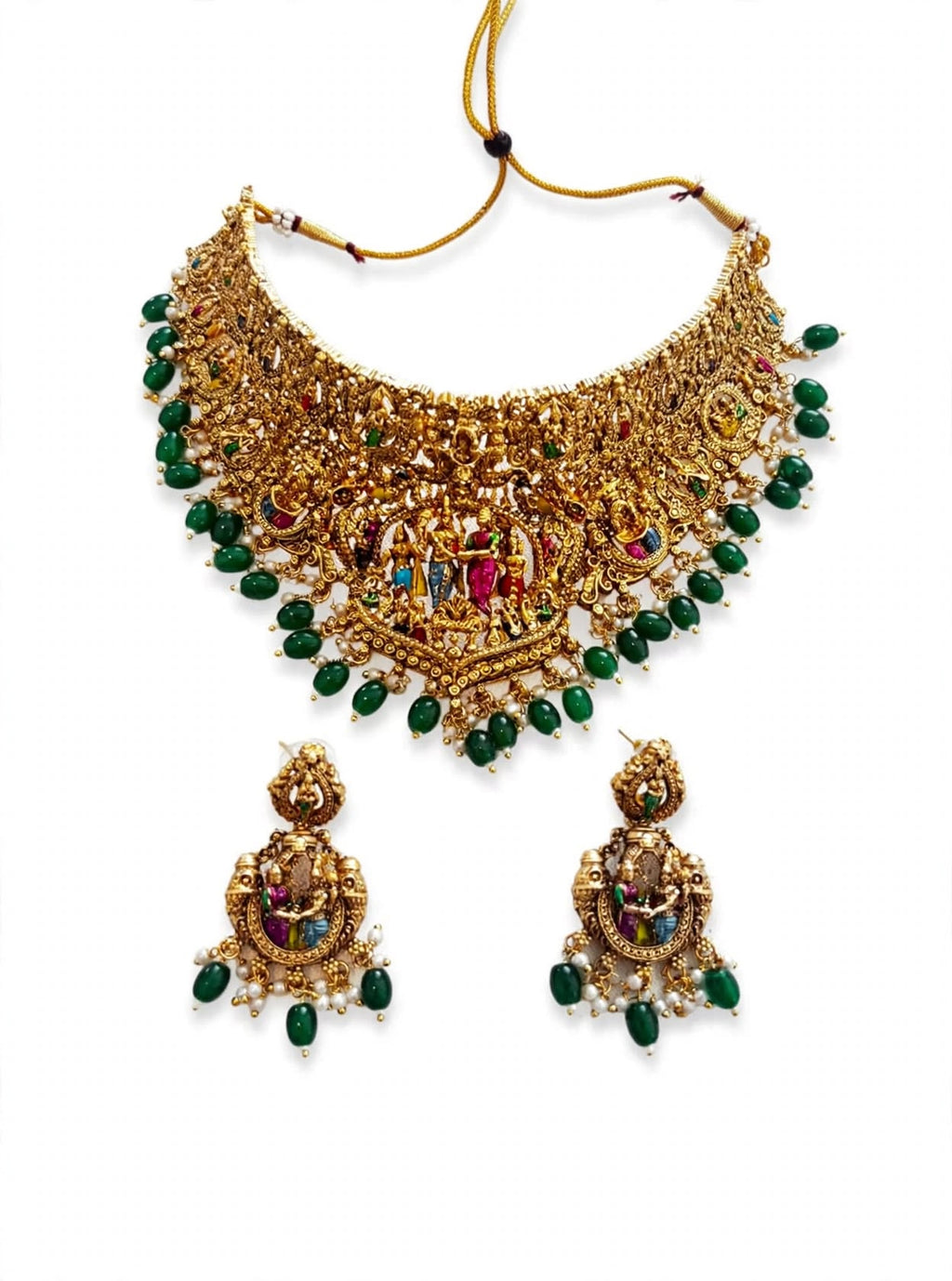 Ram-Sita temple jewellery set – antique gold choker necklace with emerald drops and matching earrings
