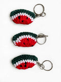 Three crochet watermelon keychains with silver clasp and key ring