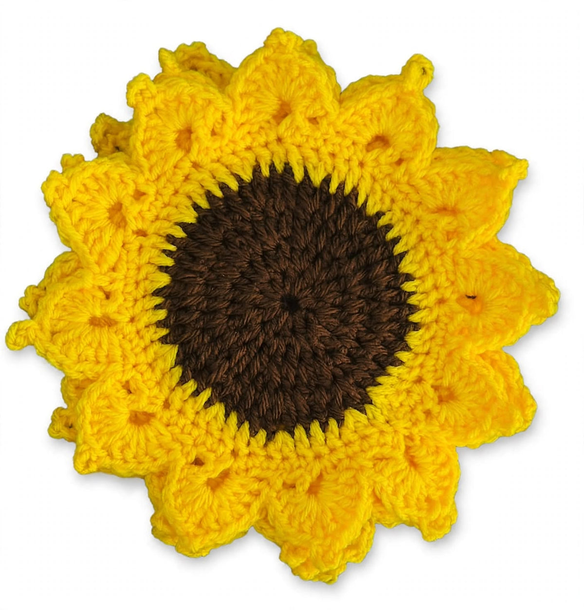 Single crochet sunflower coaster – yellow petals with brown centre