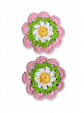 Set of 2 crochet daisy coasters in pink, green, white and yellow