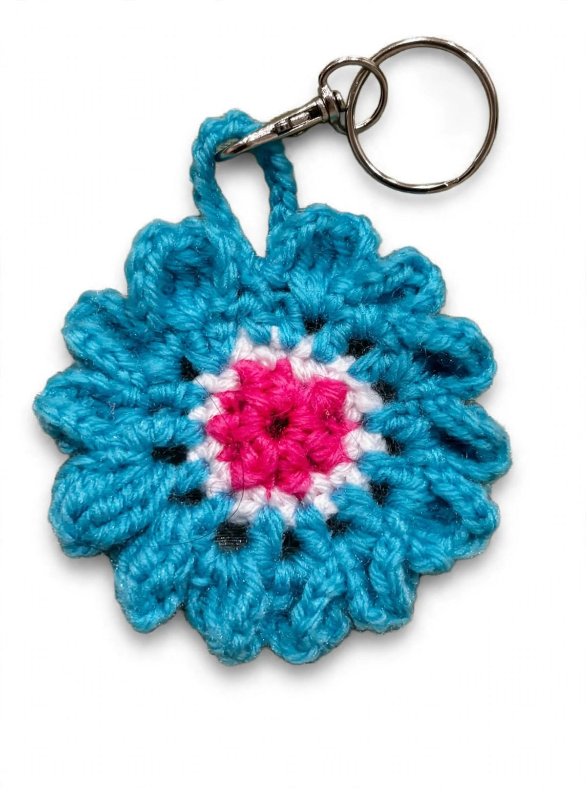 Handmade crochet flower keychain in turquoise, white and hot pink with silver keyring
