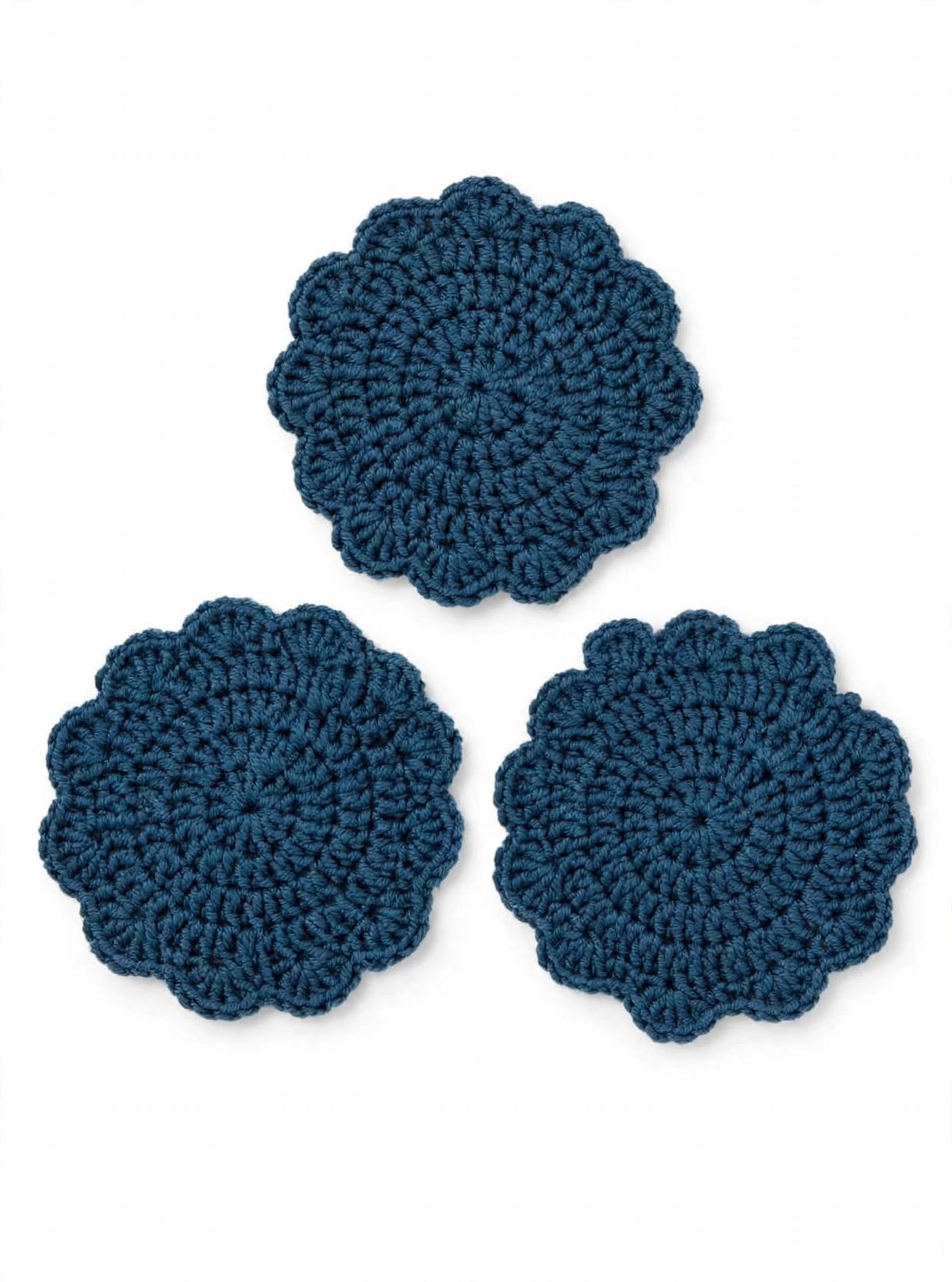 Set of 3 crochet flower coasters in deep teal with scalloped edges