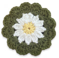 Handcrafted olive green crochet daisy coaster with white petals and yellow centre