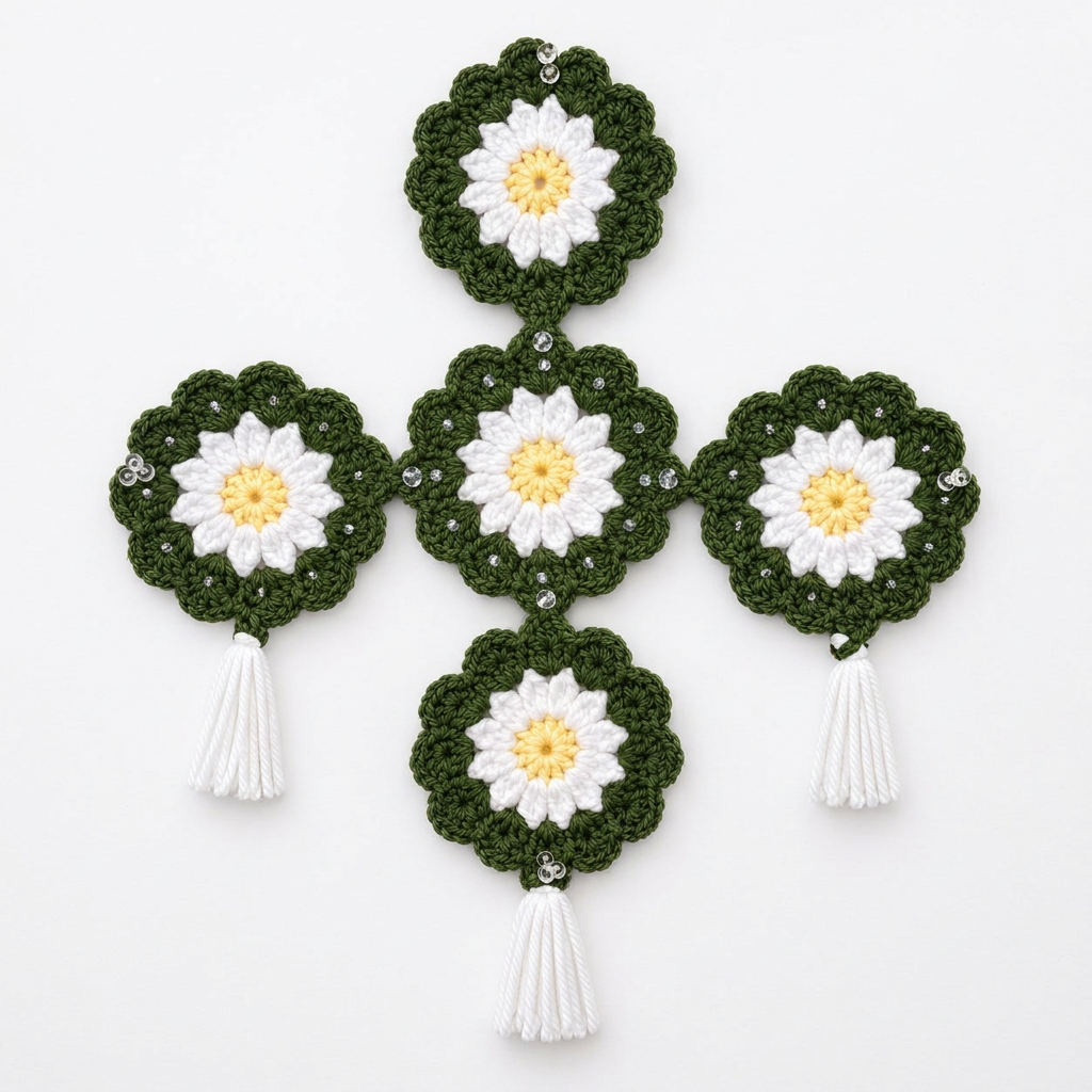 Handmade crochet daisy wall hanging natural product photography