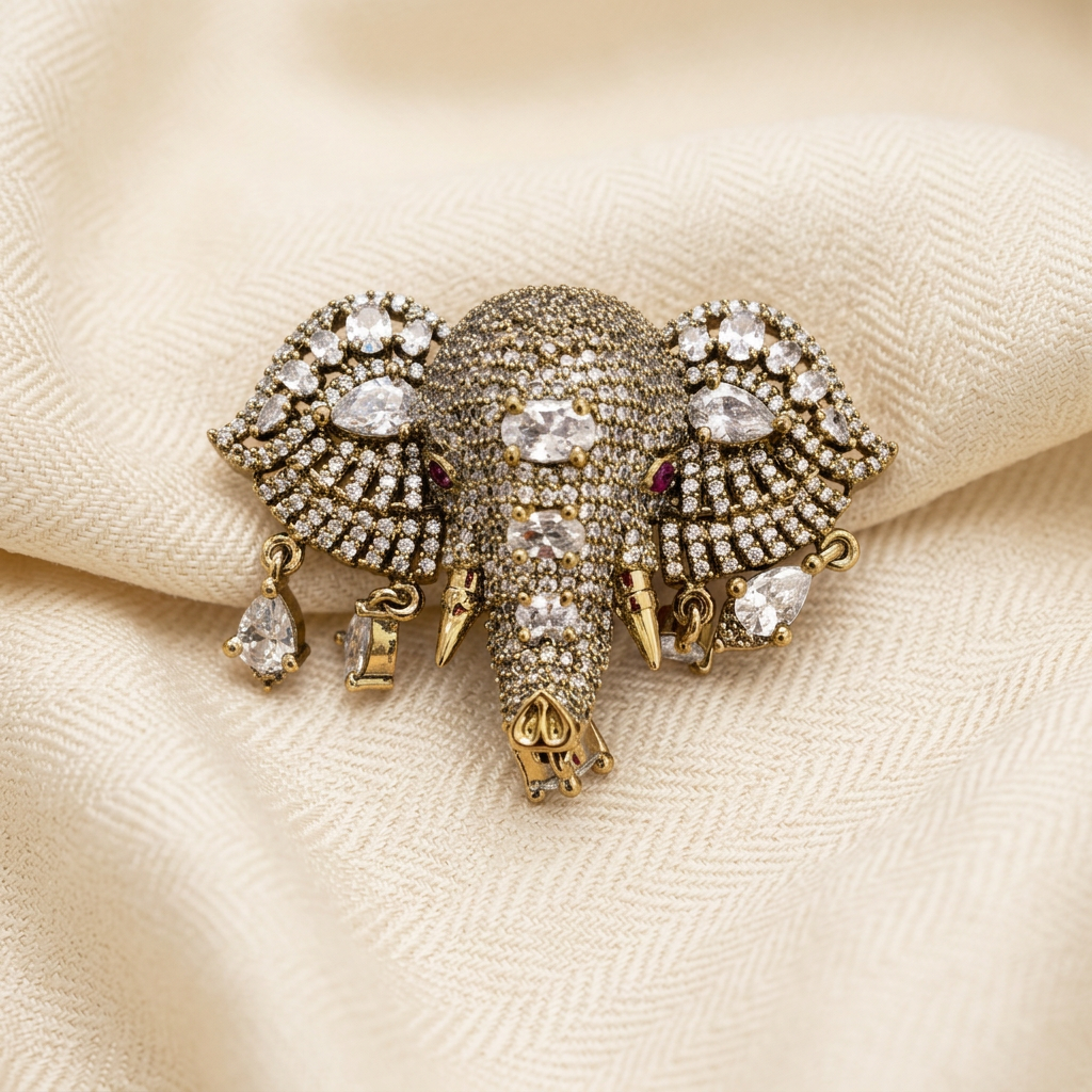 Crystal elephant head brooch – enhanced studio lighting editorial photo