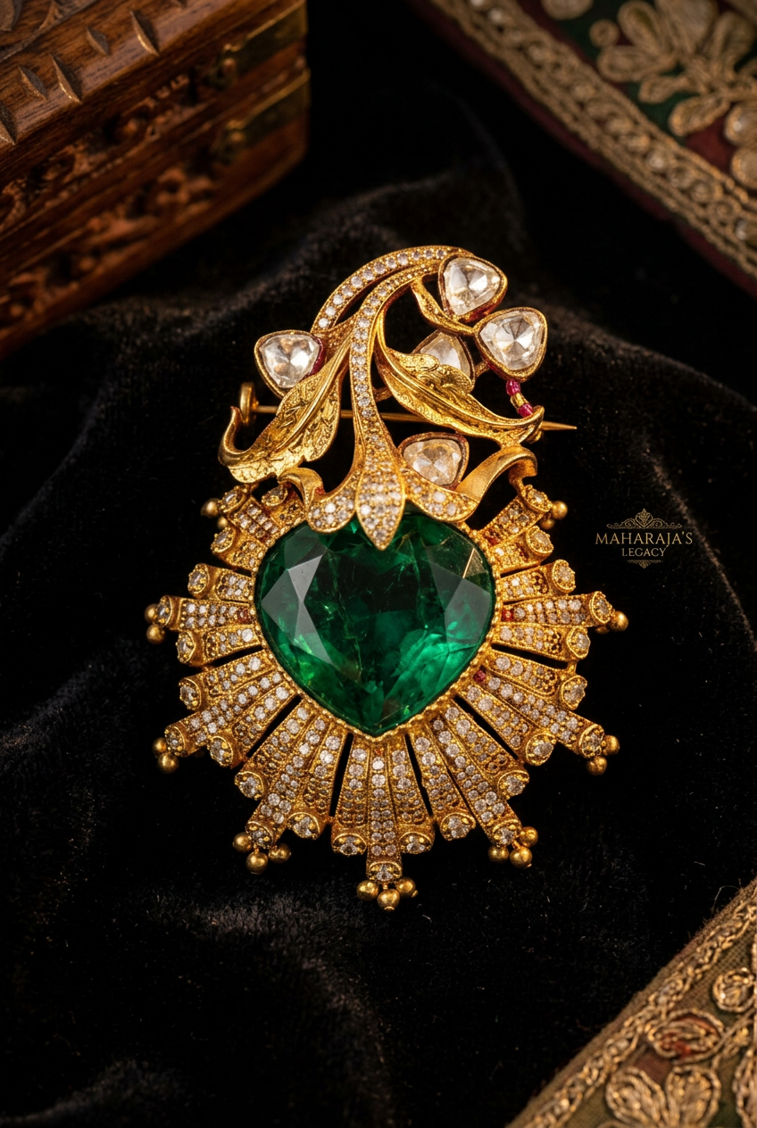 Polki Kundan Emerald Heart Brooch